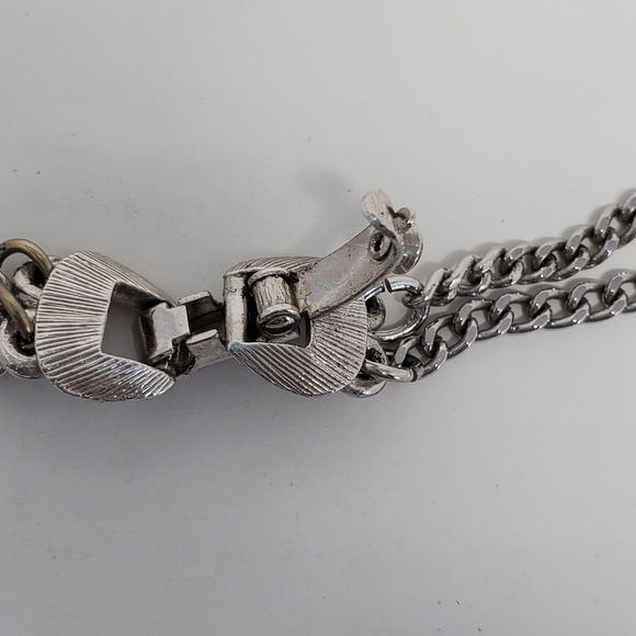 MONET SIGNED SILVER DOUBLE STRAND CHAIN NECKLACE FRINGE PENDANT JEWELRY COSTUME - Picture 9 of 12